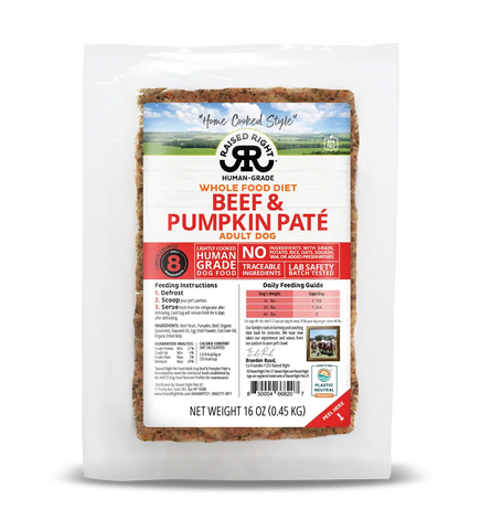 Raised Right - Beef & Pumpkin Pate Adult - Gently Cooked Dog Food - 16 oz (Local Delivery Only)