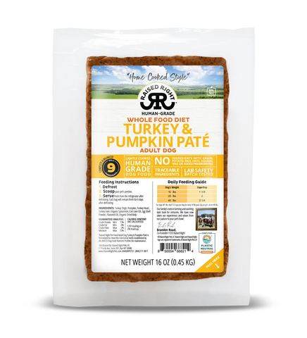 Raised Right - Turkey & Pumpkin Pate Adult - Gently Cooked Dog Food - 16 oz (Local Delivery Only)